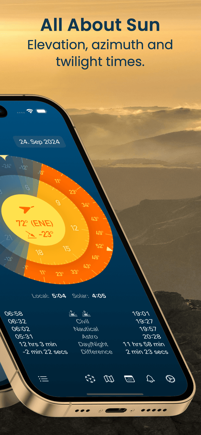 SolarWatch all about the sun: elevation, azimuth and twilight times